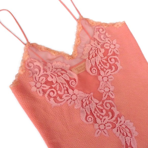Vintage Victorias Secret Lingerie Chemise Cami Ruffle Sheer Peach Lace S - Picture 4 of 8